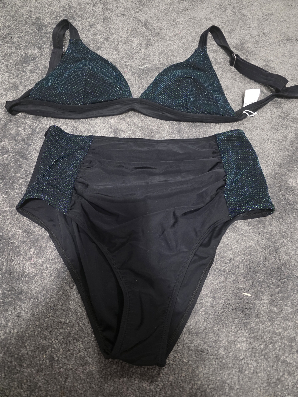 NWOT Cupshe Black High-Waist Bikini Set with Teal Sparkle Panels
